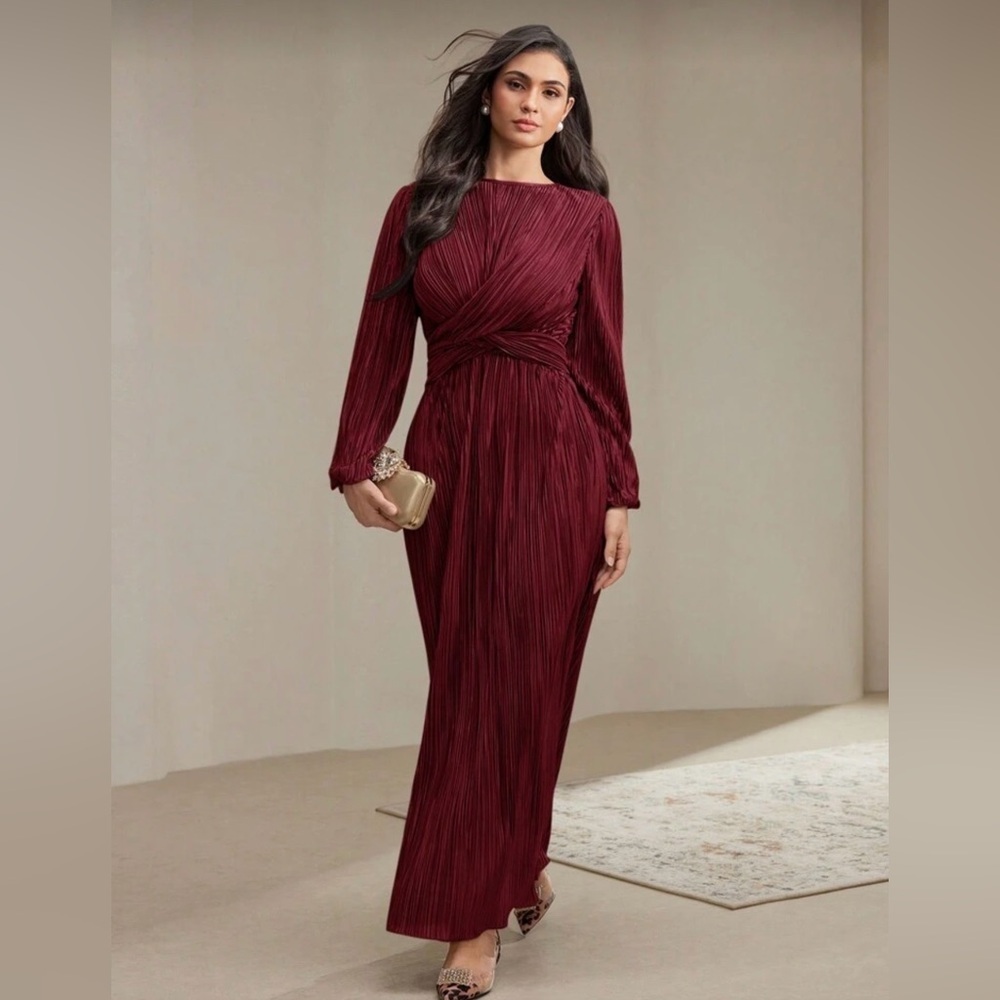 Shein Women's Long Sleeve Crew Neck Twist Tie Waist Pleated Dress Burgundy Large